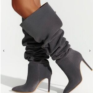 Suede Slouch High-Heel Boots - Gray